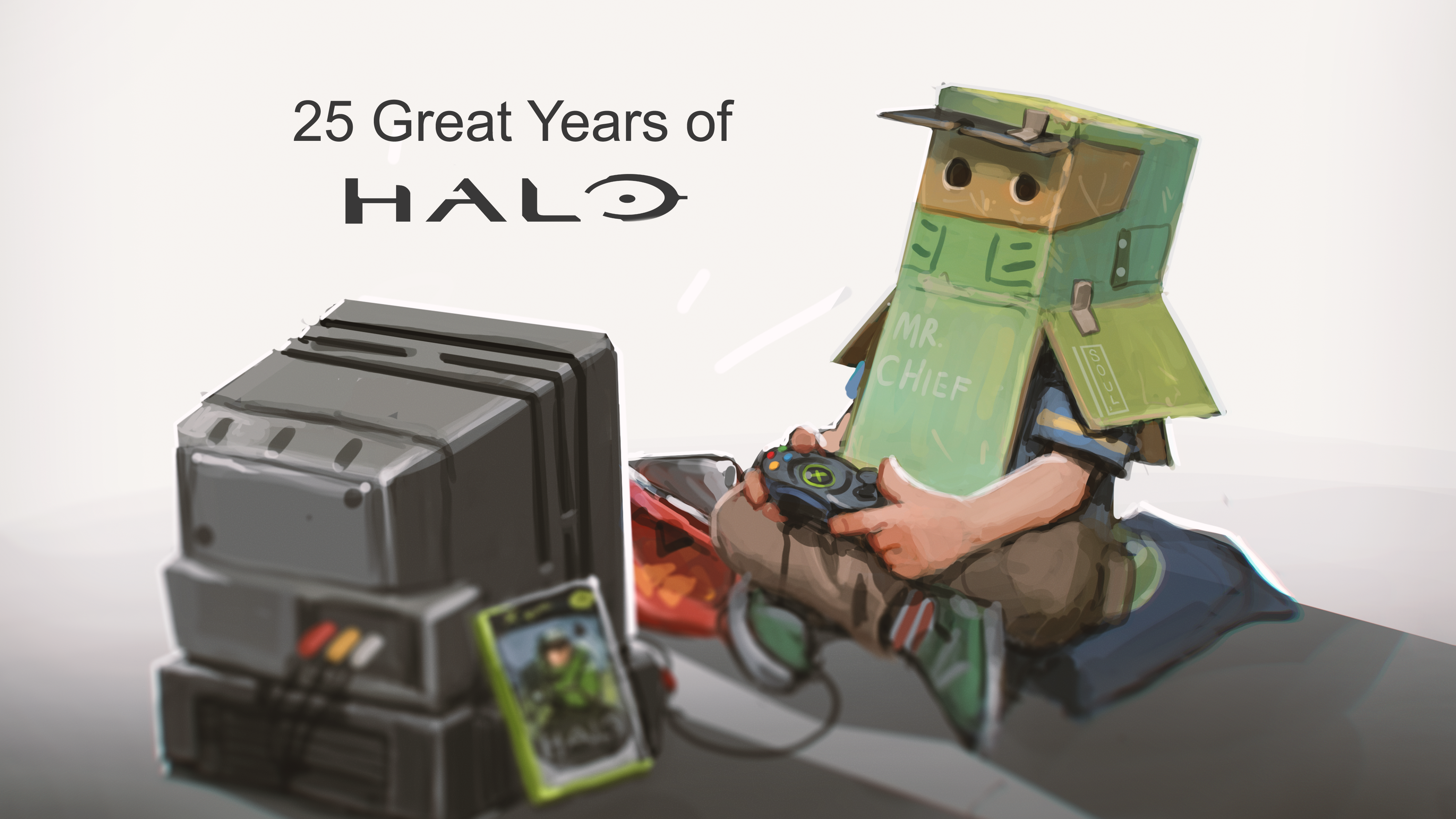 A child playing Halo: Combat Evolved on an old C R T television while wearing a cardboard costume of Master Chief.