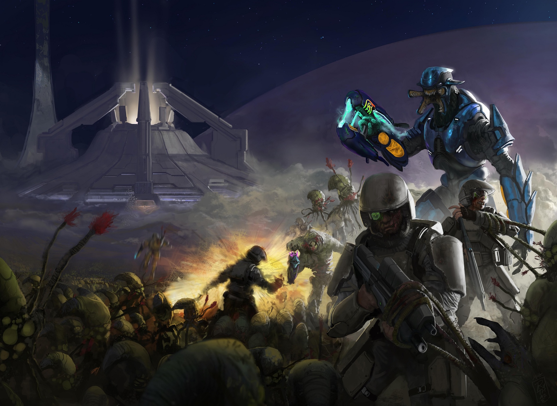 Cover art of Halo: Parasite's Wake depicting Staff Sergeant Marvin Mobuto and several other marines along with a Sangheili fighting against the Flood on Alpha Halo with the Library visible in the background