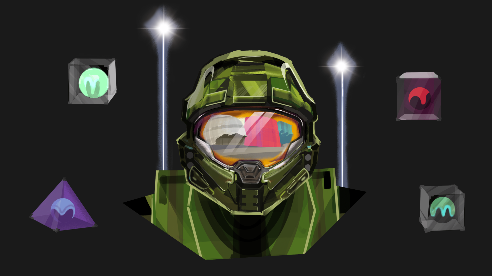 Halo x MOPOP Supper Fan Club. A bust of the Master Chief is surrounded by various equipment pickups from the Halo games.