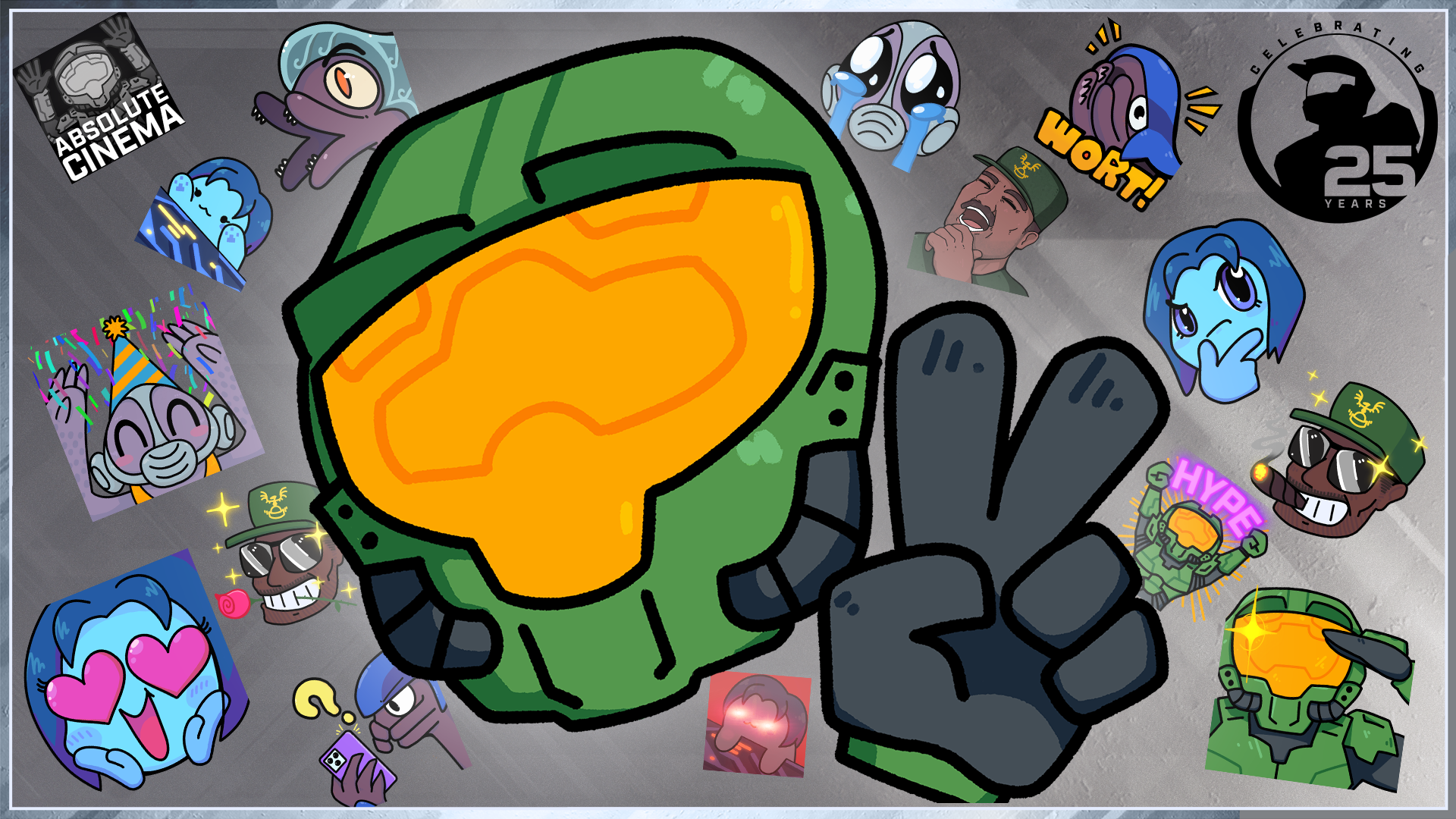 A collection of Halo emotes celebrating Halo's 25th anniversary.