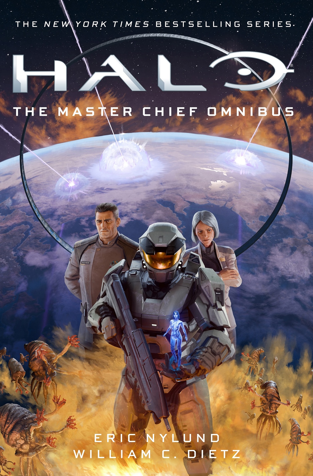 Cover art of Halo: The Master Chief Omnibus depicting the Master Chief, Cortana, Captain Keyes, Dr. Halsey, Reach, Alpha Halo, and Flood infection forms.