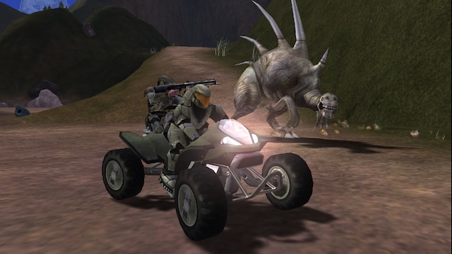 Warthog Rally mod by altis94. A Spartan stunt driver and a marine ally escape a Thornbeast on a Mongoose.