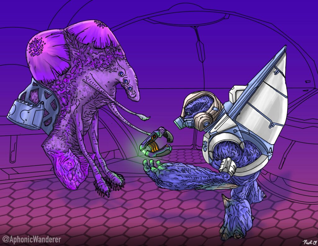Art by AphonicWanderer. A Huragok offers a plasma pistol to an Unggoy.