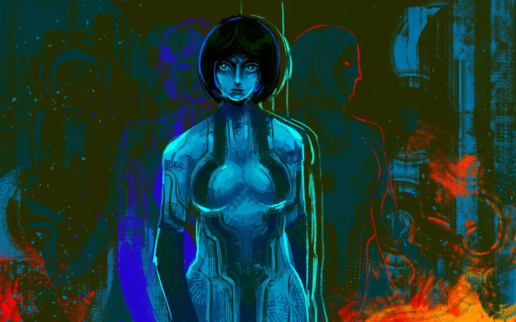 Cortana wanders through a disjointed, multicolor starscape.