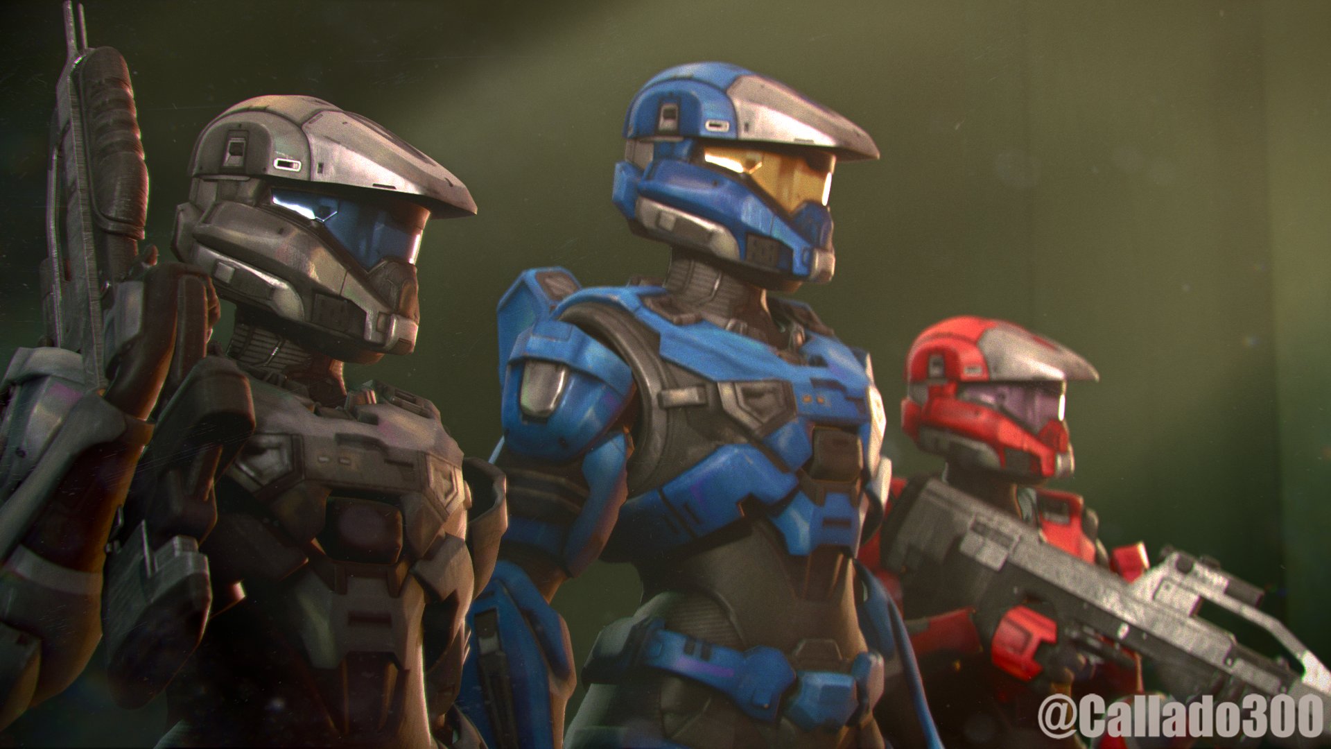 Three Spartans stand together, glaring into the sun.