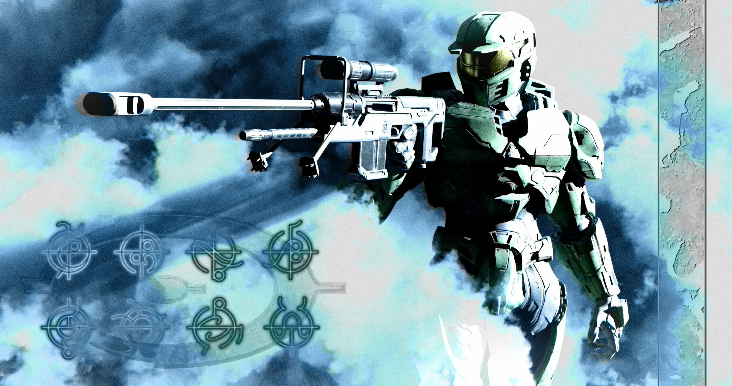 The Master Chief sights down with a sniper rifle held in one hand. Forerunner symbols decorate the background.
