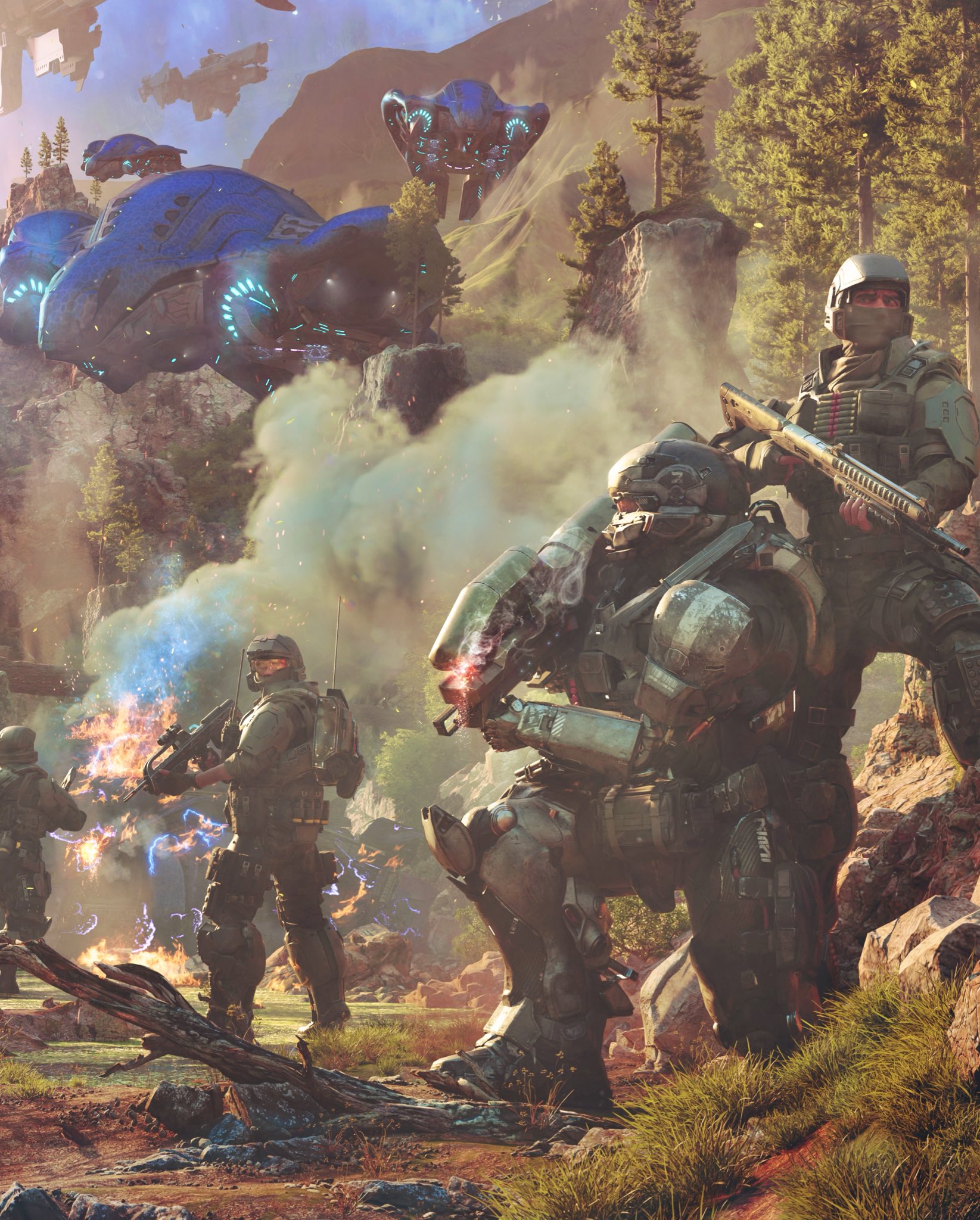 Spartans and Marines brace as Phantoms arrive in a chaotic battle scene.