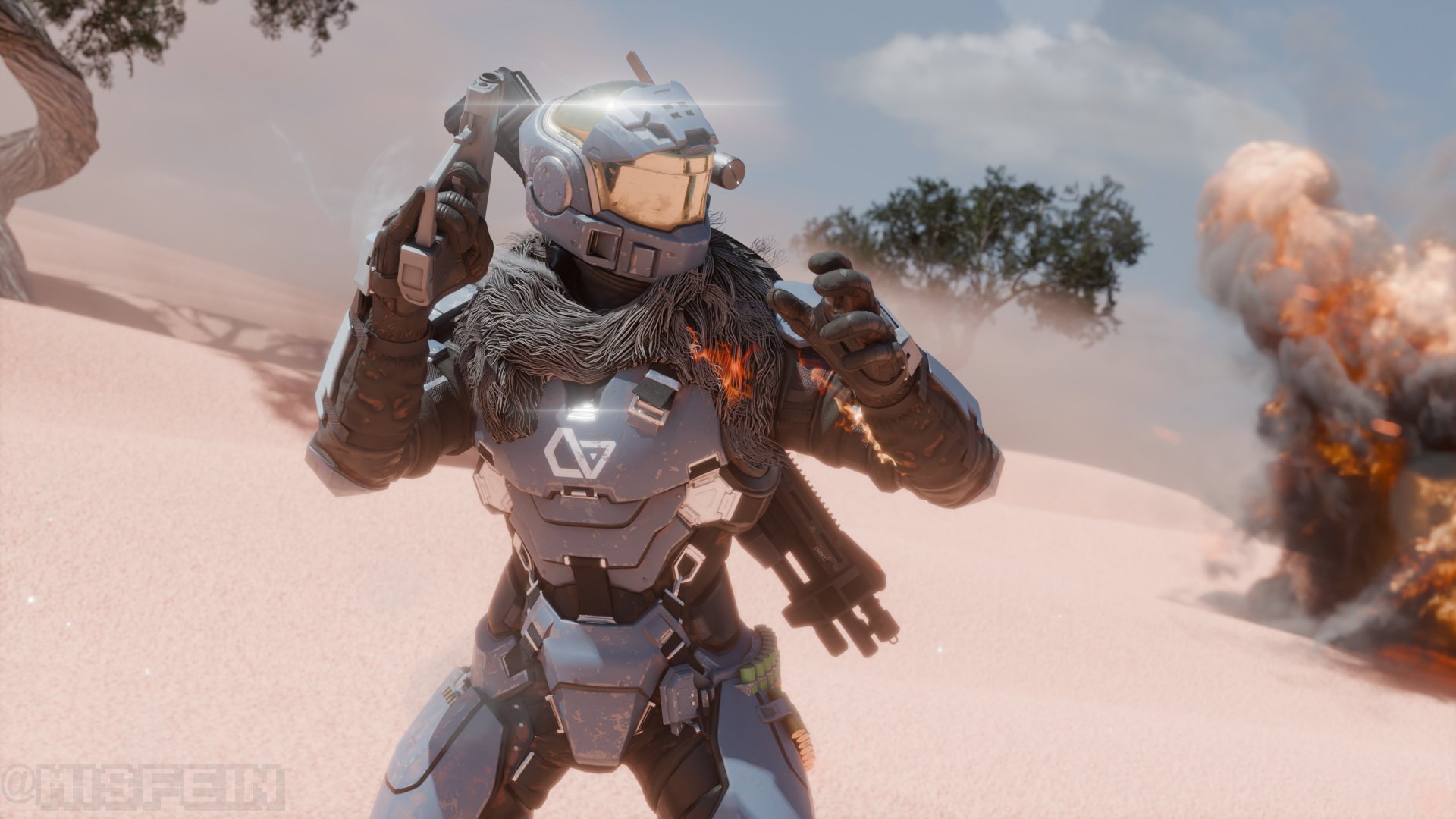 A Spartan startles into action with their pistol drawn in a desert firefight.