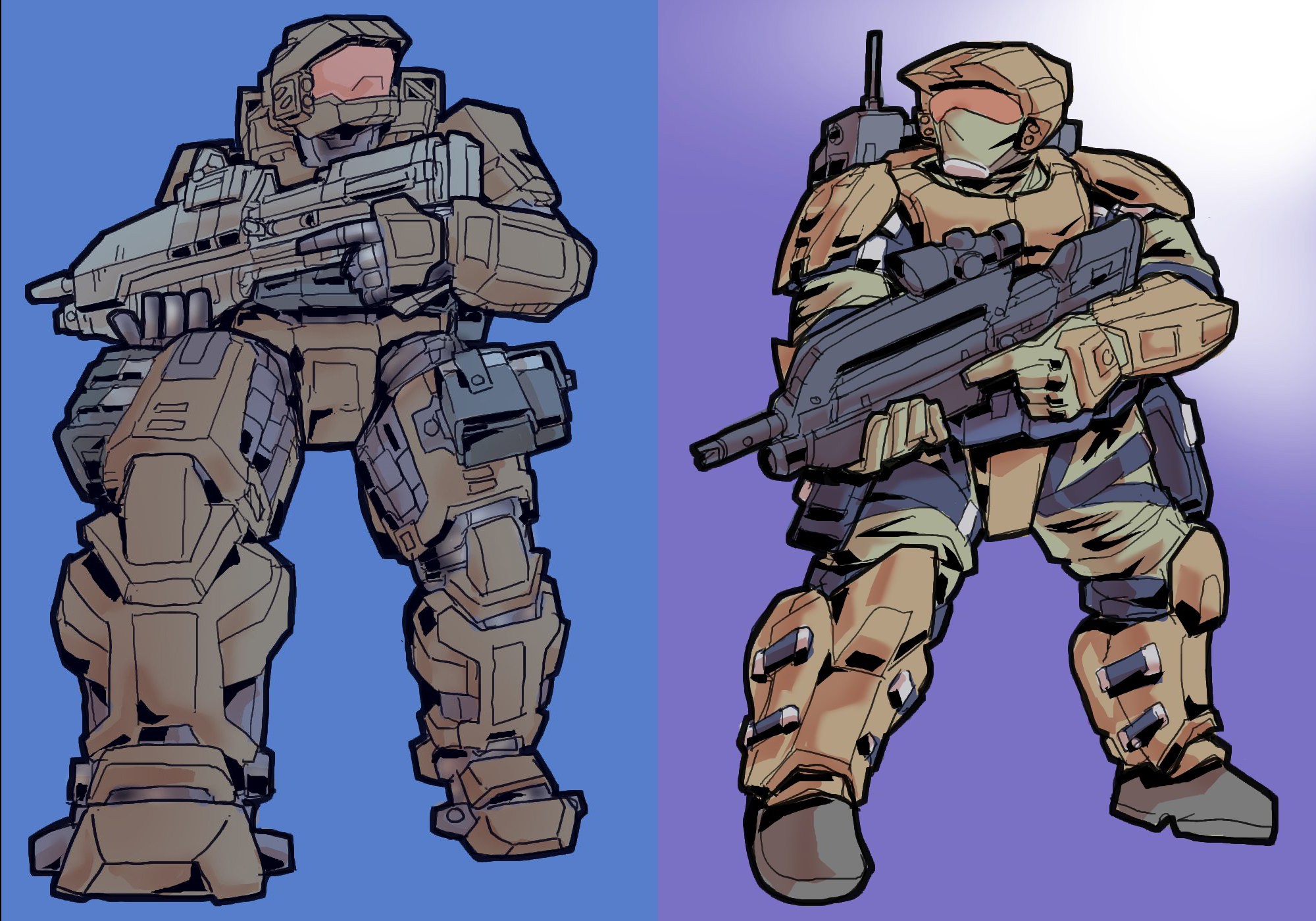 Anime-style ink drawings of the Master Chief and a UNSC Marine.