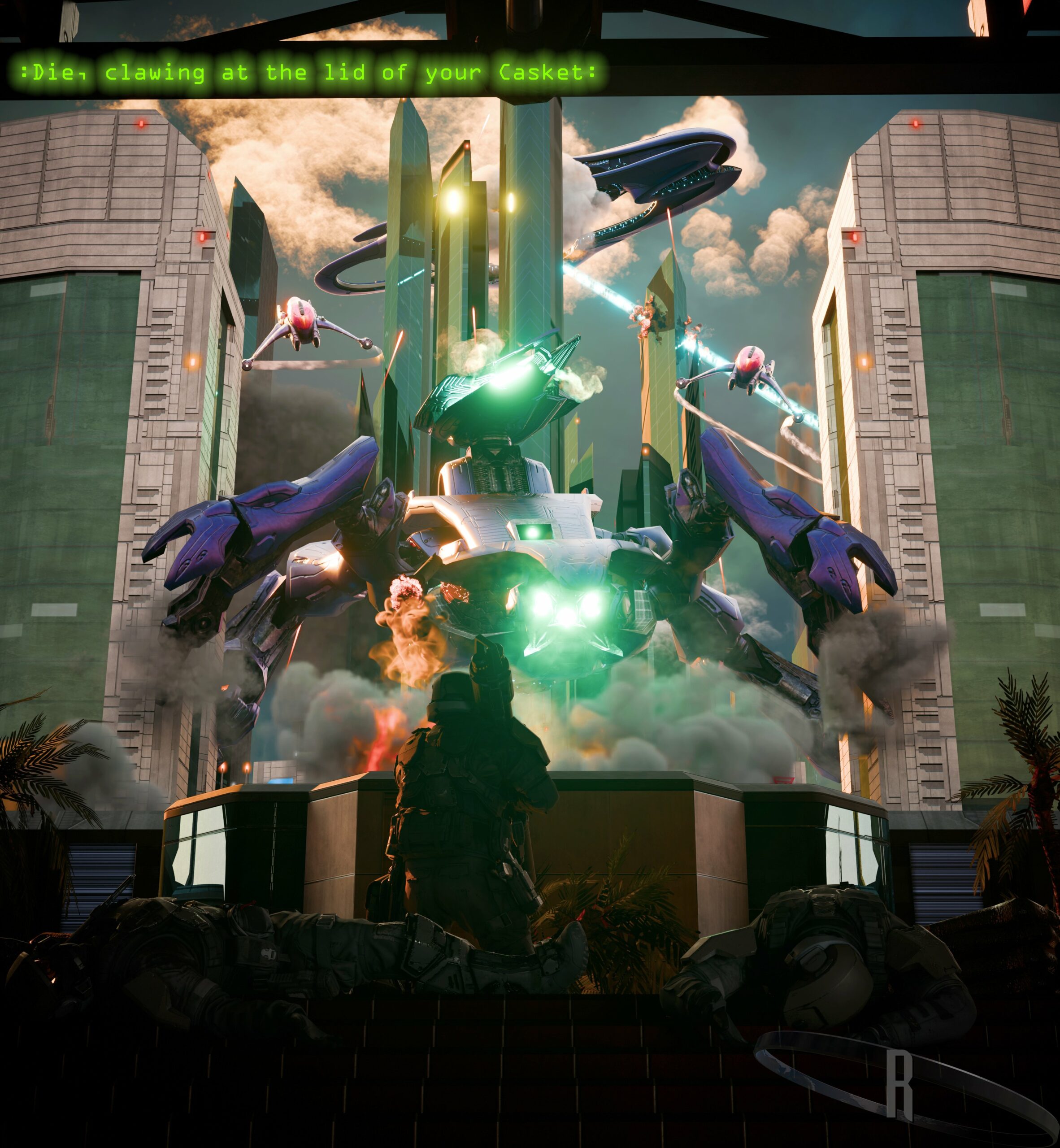 A Scarab approaches a lone surviving Marine in a foxhole filled with dead allies.