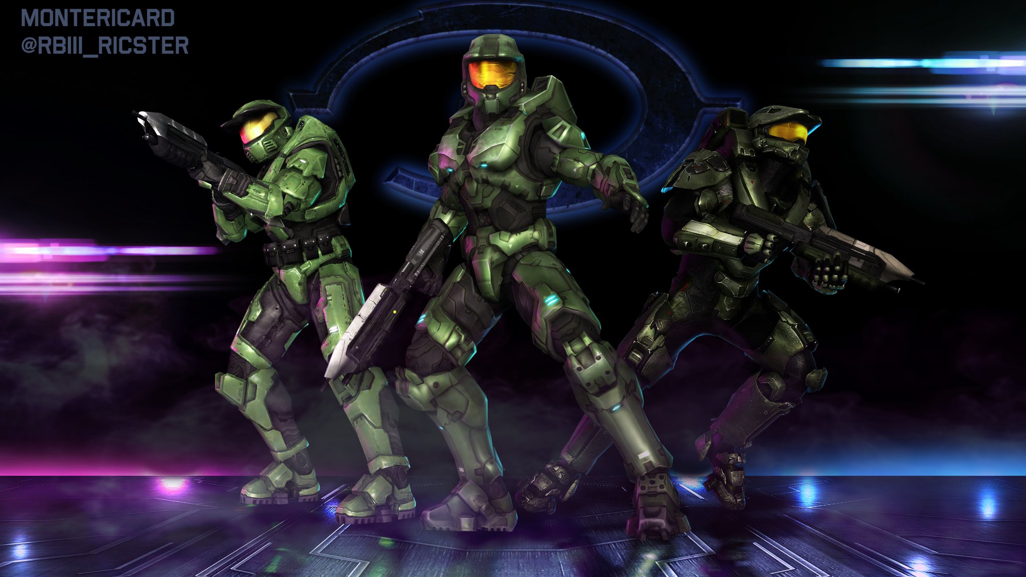 Three historical versions of the Master Chief's armor.