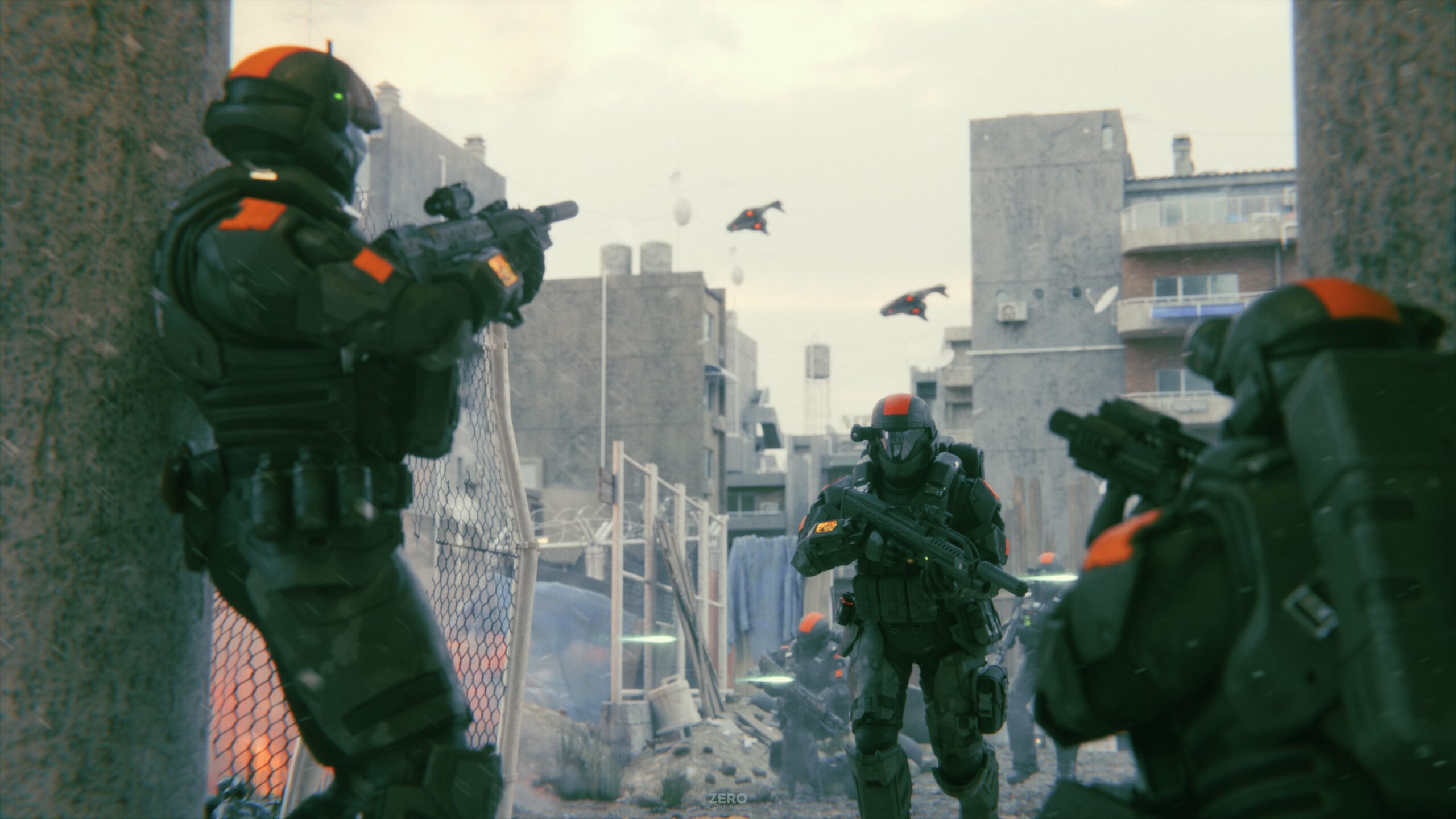 ODSTs take cover under fire in a gritty cityscape.