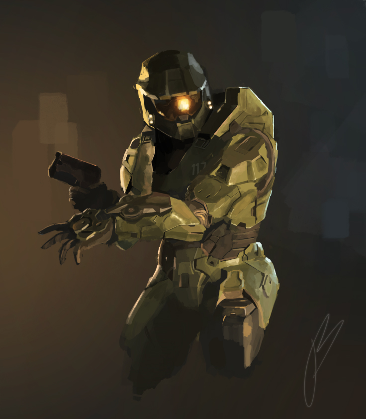 Digital painting by Sebious. The Master Chief sneaks with a pistol drawn.