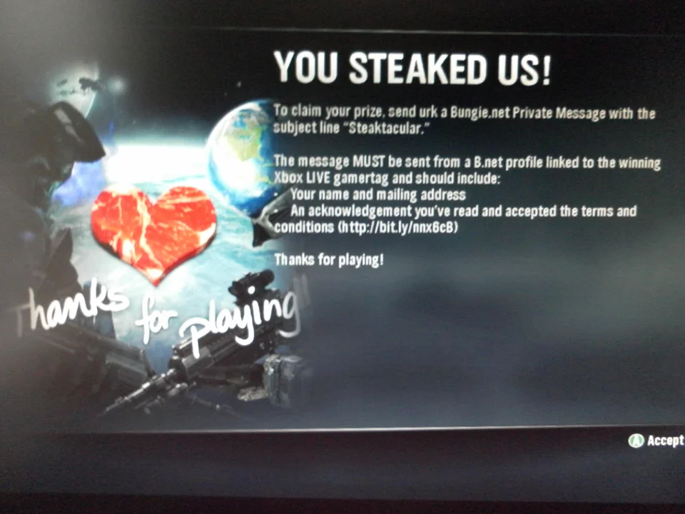 An in-game screenshot from Halo: Reach explaining that the player has "Steaked" the Bungie team in open matchmaking play.
