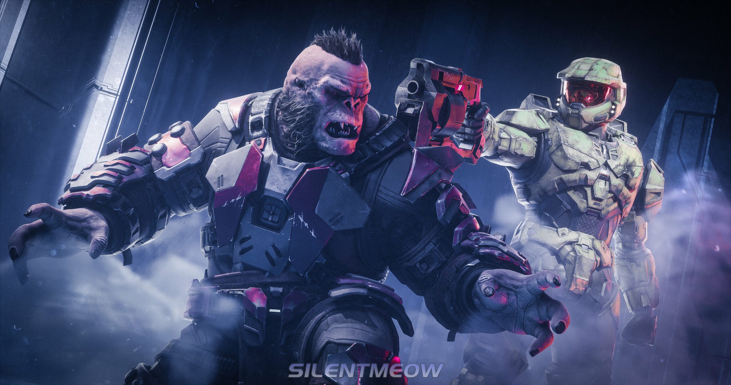 The Master Chief gets the drop on a surprised Banished Brute, and aims a Mangler at his head.