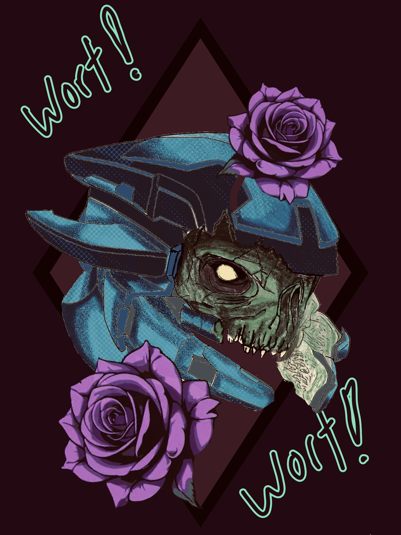 The bust of a zombie Elite surrounded by roses. Text: "Wort! Wort!"