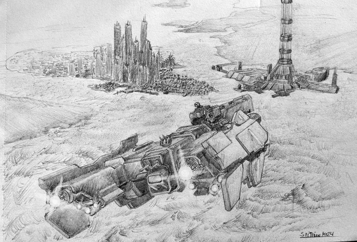 Pencil sketch of the attack on New Mombasa. UNSC aircraft approach the city from afar.