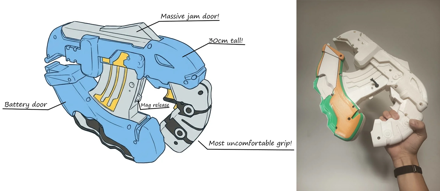 A custom plasma pistol prop by Such-Ad-7107 and a preliminary design with various parts labeled.