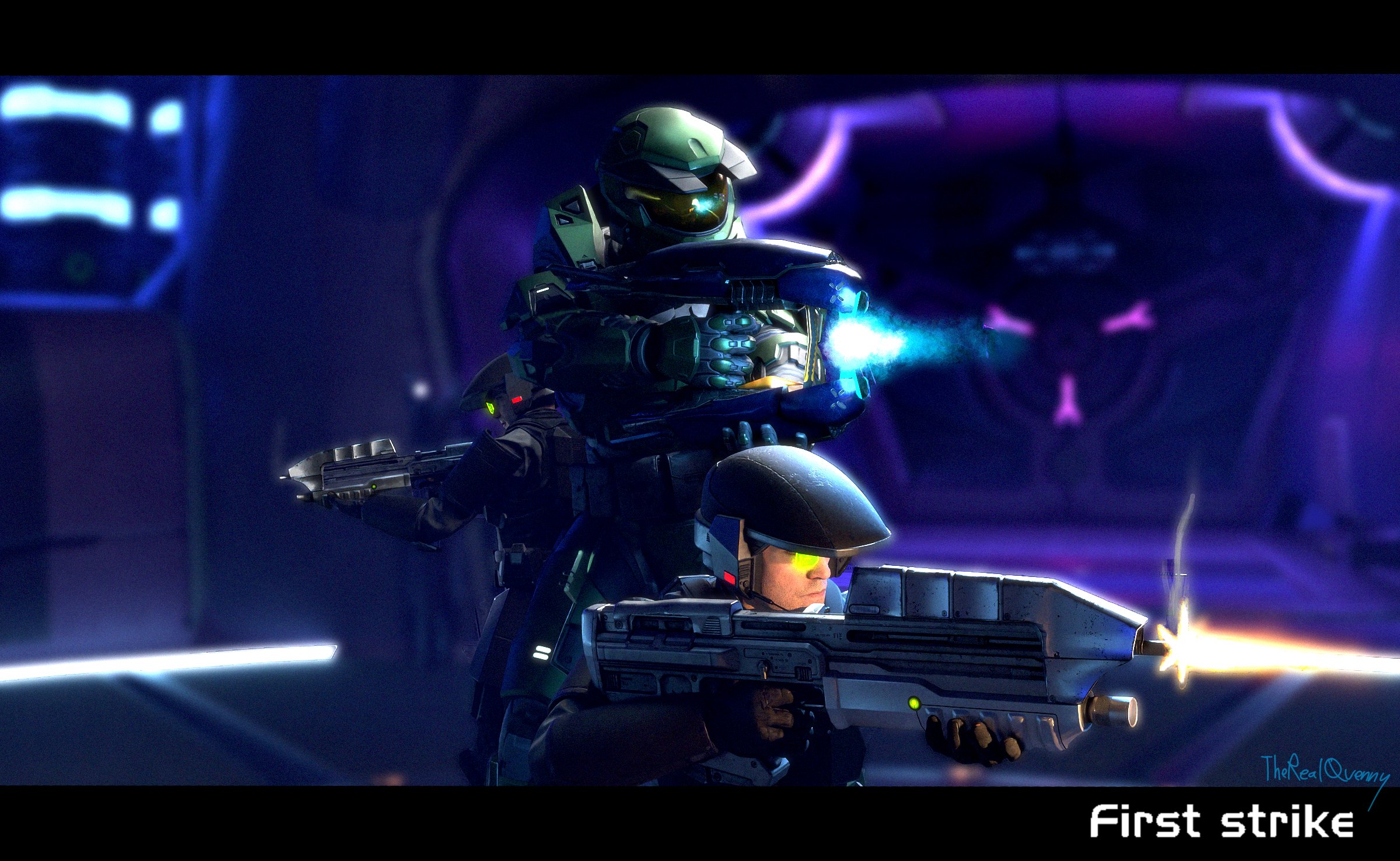 A 3D rendering of the Master Chief and two marines firing at unseen foes, in homage to the cover of Halo: First Strike.