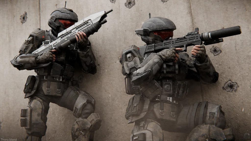 Two ODSTs take cover against a wall riddled with bullet holes.