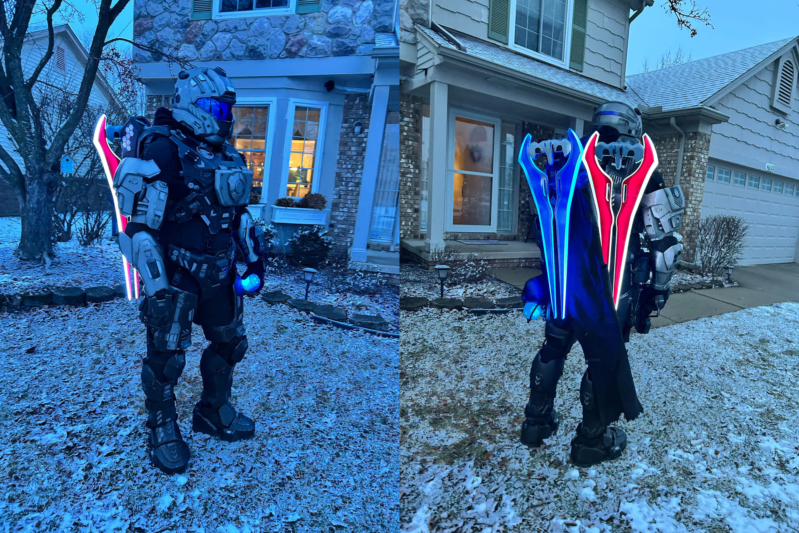 Spartan cosplay with back-mounts for dual energy swords by Time_Specter.