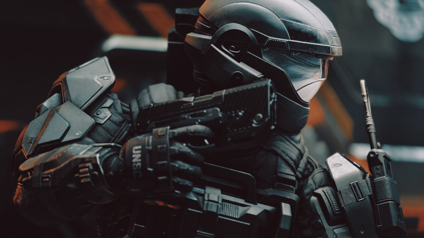 Close-up beauty shot of an ODST raising their pistol.