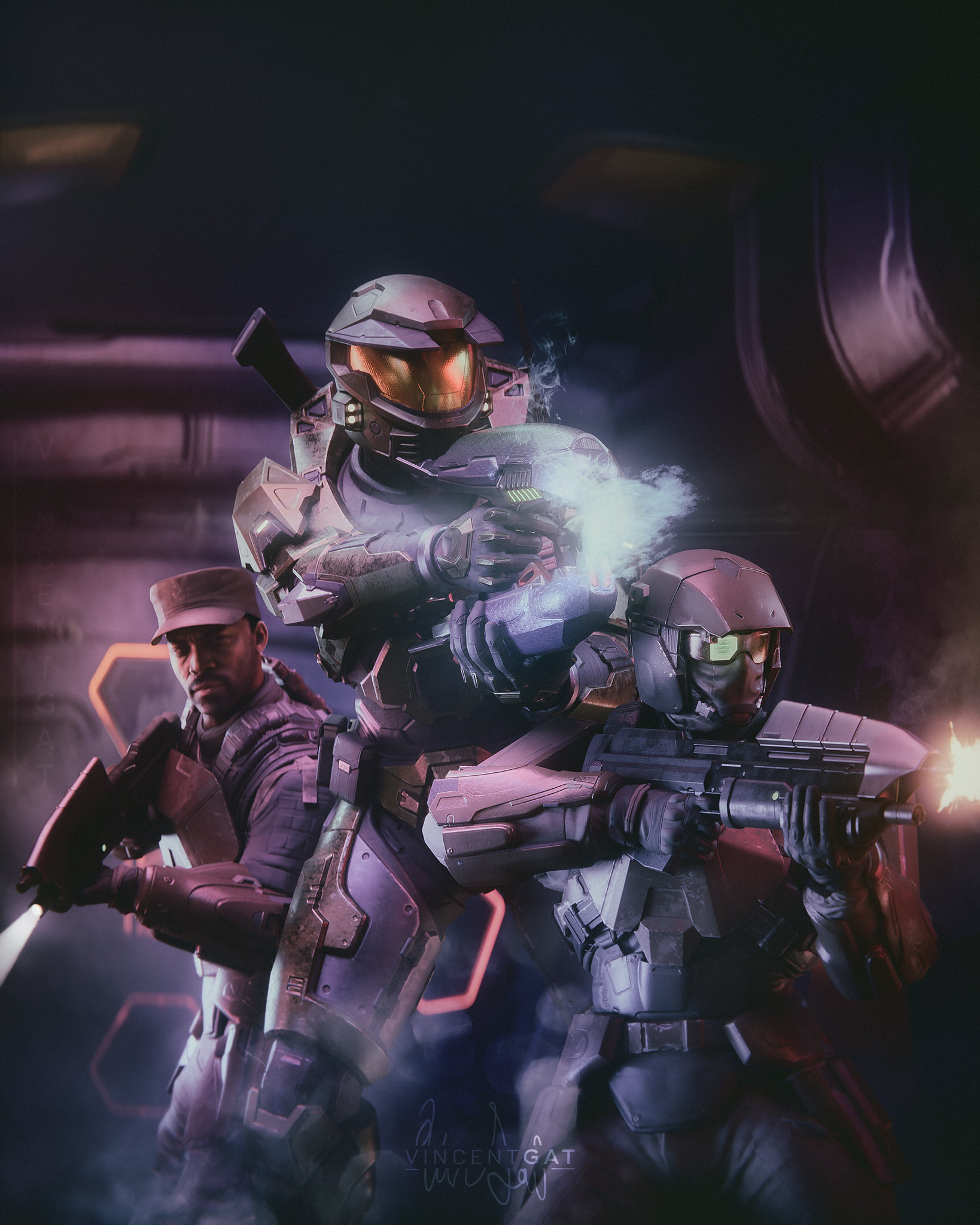 A 3D rendering of the Master Chief, Sgt. Johnson, and a Marine firing at unseen foes, in homage to the cover of Halo: First Strike.