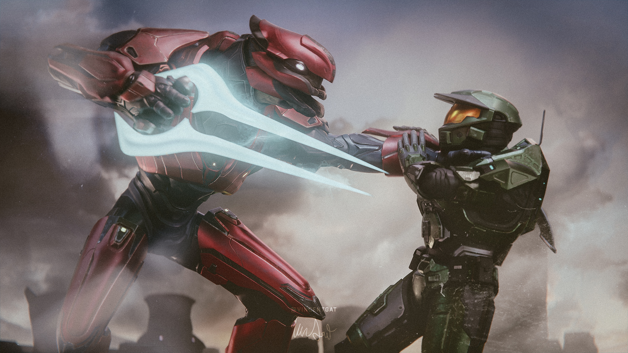 Art by VincentGat. An Elite grips the Master Chief by the throat while menacing him with an energy sword.
