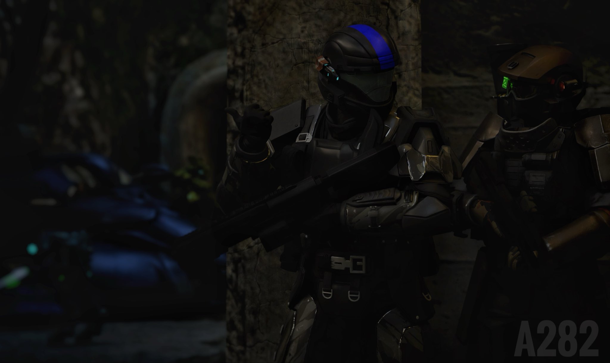 Two Spartans plan an assault from cover. The lead Spartan jerks a thumb at a Wraith tank and Covenant troops.