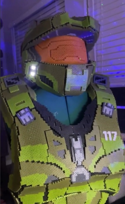 Master Chief cosplay armor assembled with bead art.