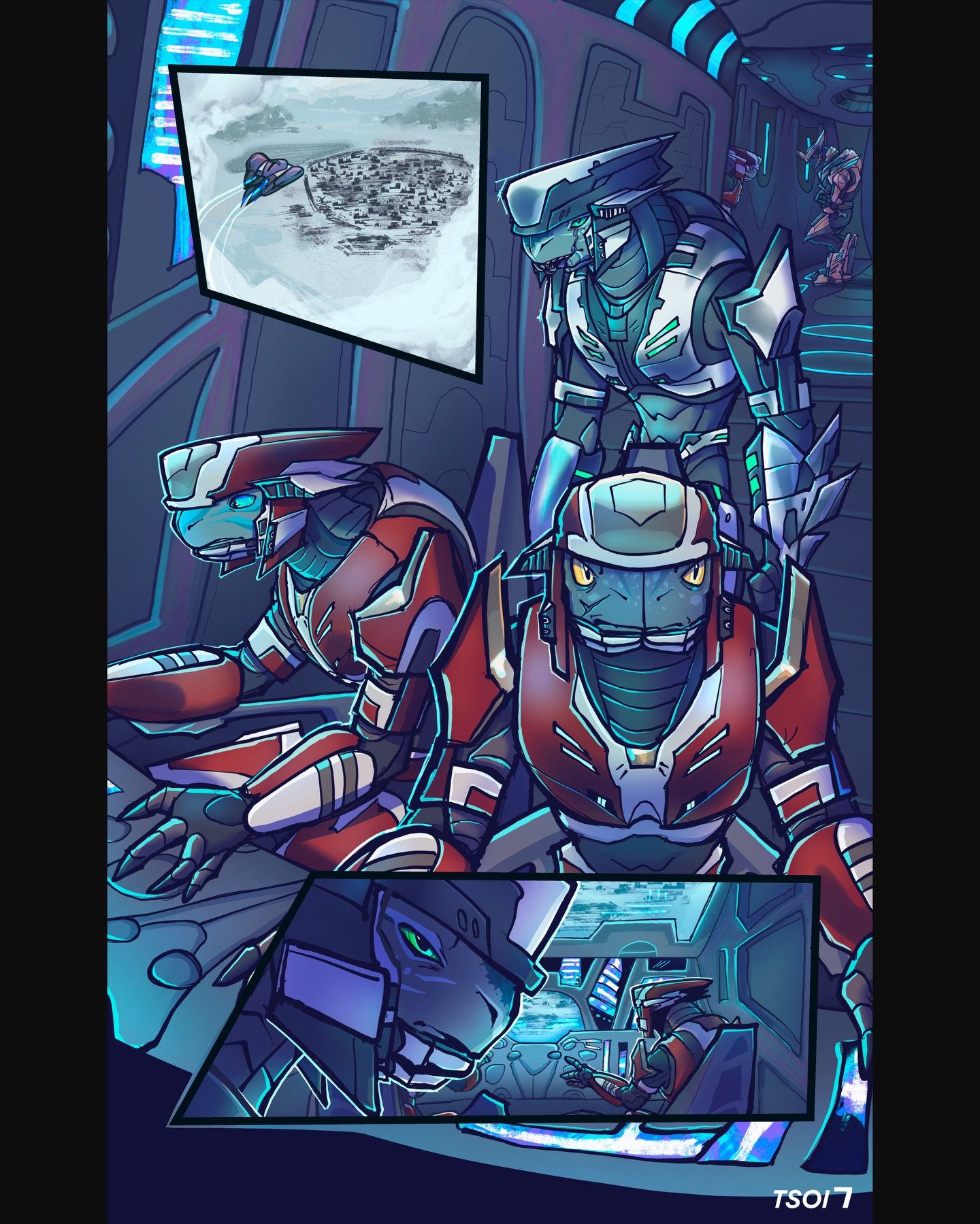 A comic strip by artificialangel22. A Sangheili Shipmaster watches two navigation officers at the helm of a Phantom.