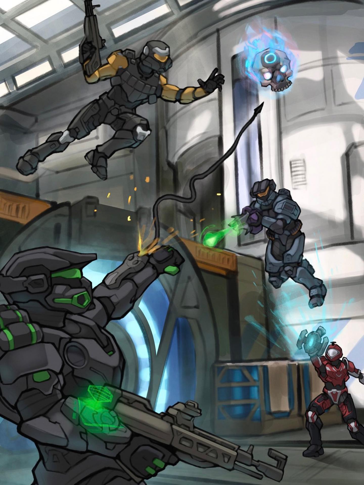 Spartans vie for control of an Oddball soaring through the air, firing various weapons and equipment in hopes of waylaying their opponents.