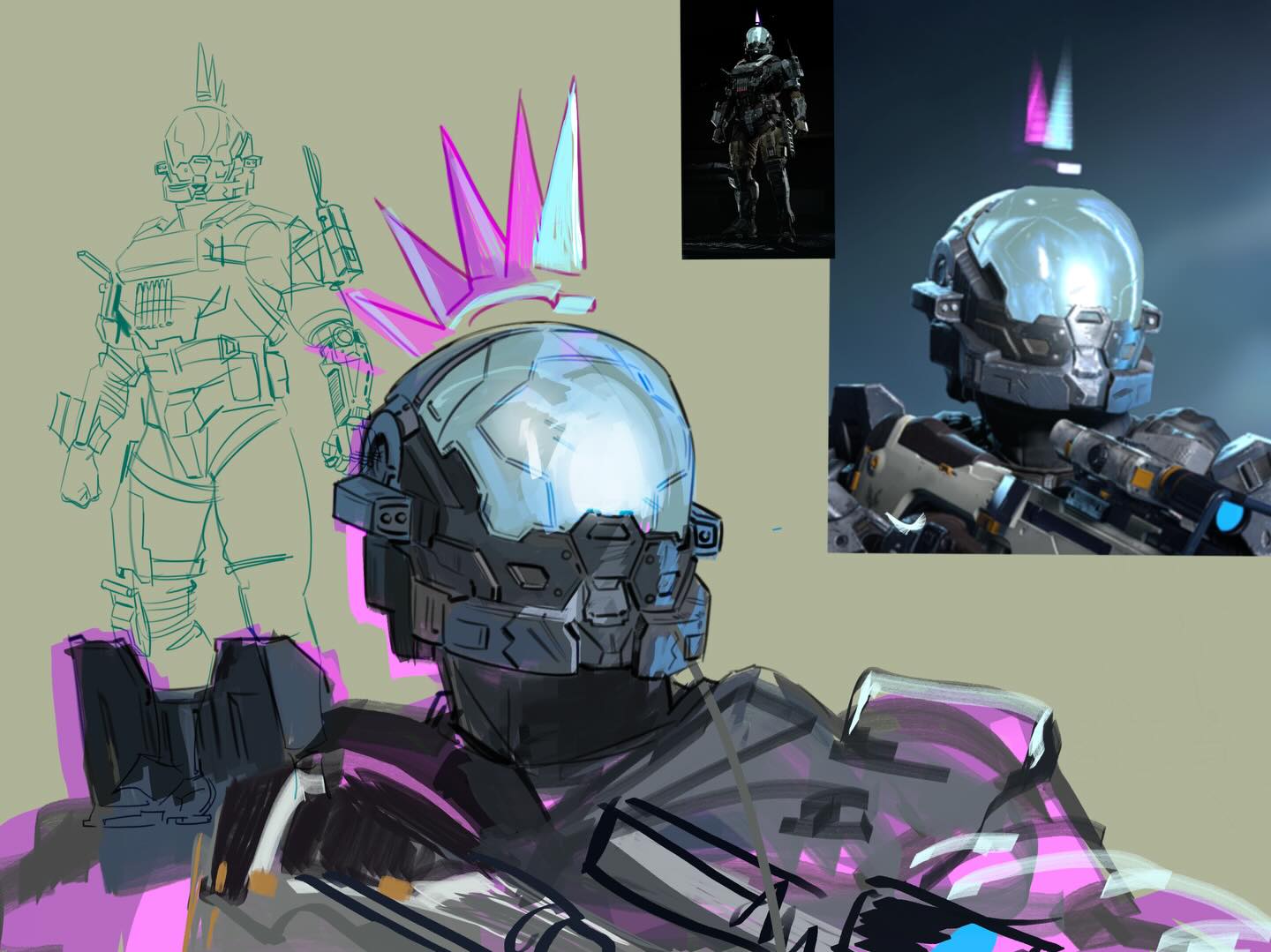A digital painting of a Spartan wearing the Operator helmet from Halo: Reach, alongside a screenshot of the same subject.