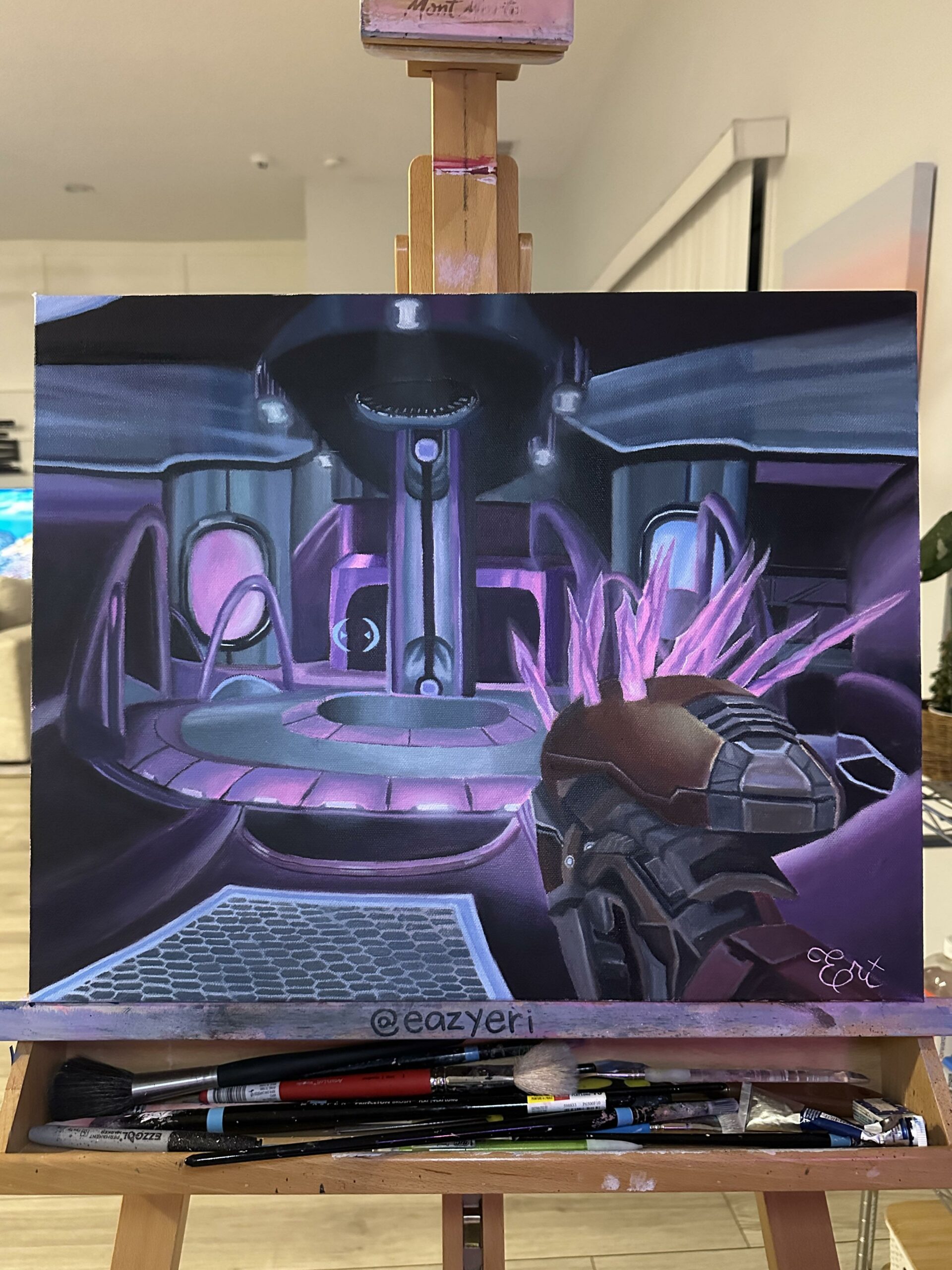 Oil painting depicting first-person gameplay from the "Truth and Reconciliation" mission of Halo: Combat Evolved.