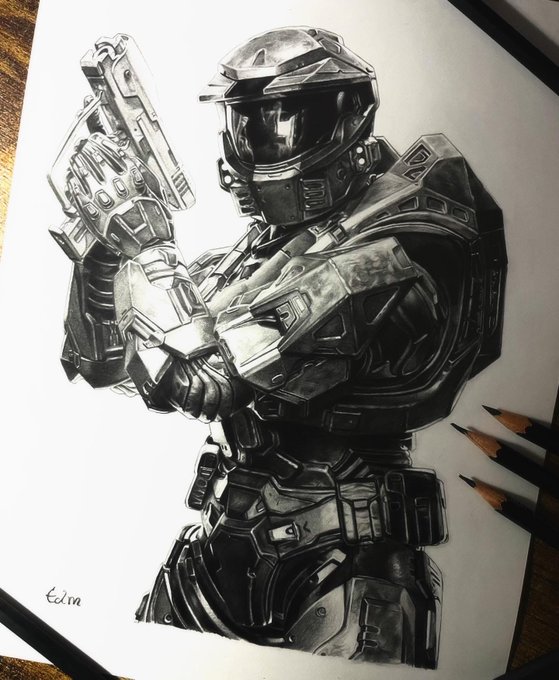 A photorealistic pencil drawing of the Master Chief.