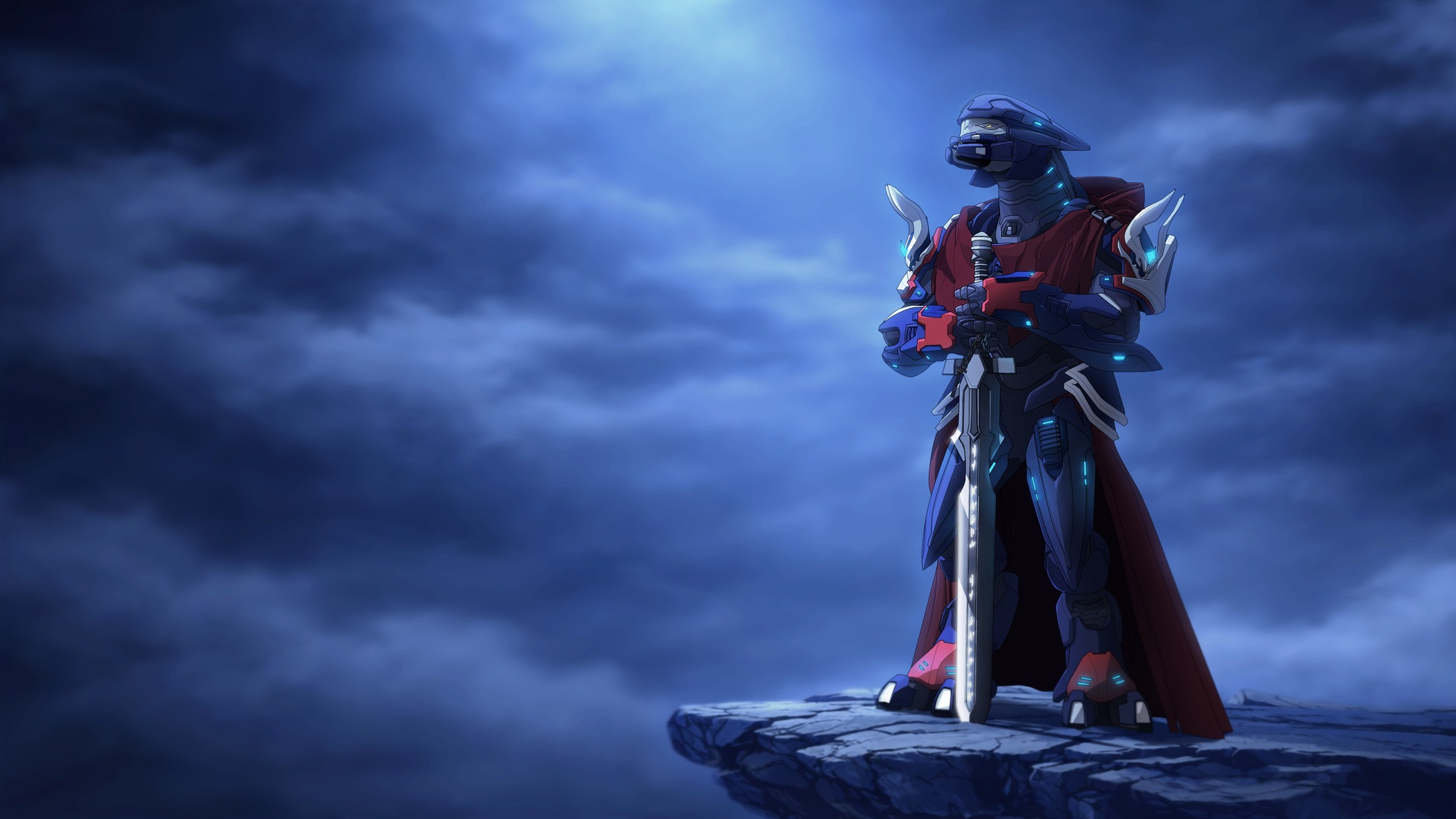 A Sangheili knight rests on his sword and ponders the gloomy skies.