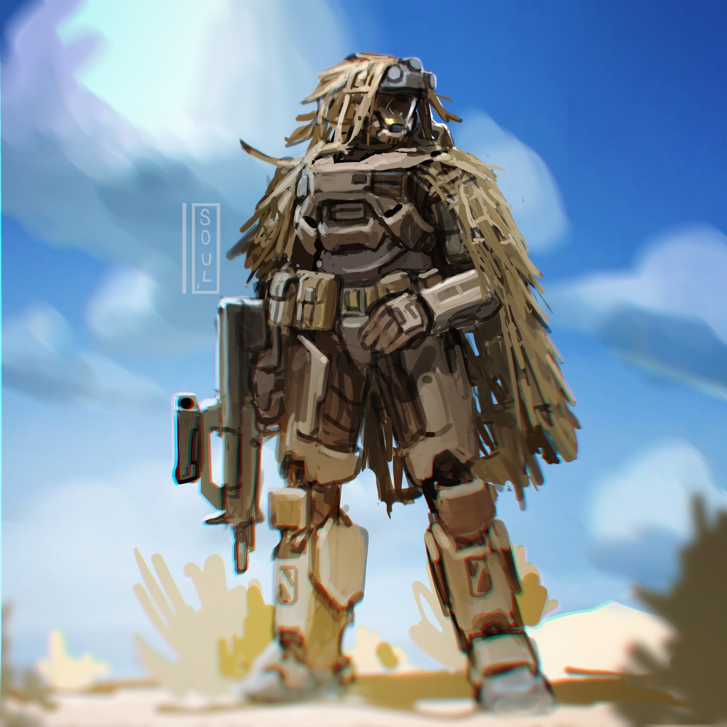 A Spartan in ghillie looks out over a shimmering desert.