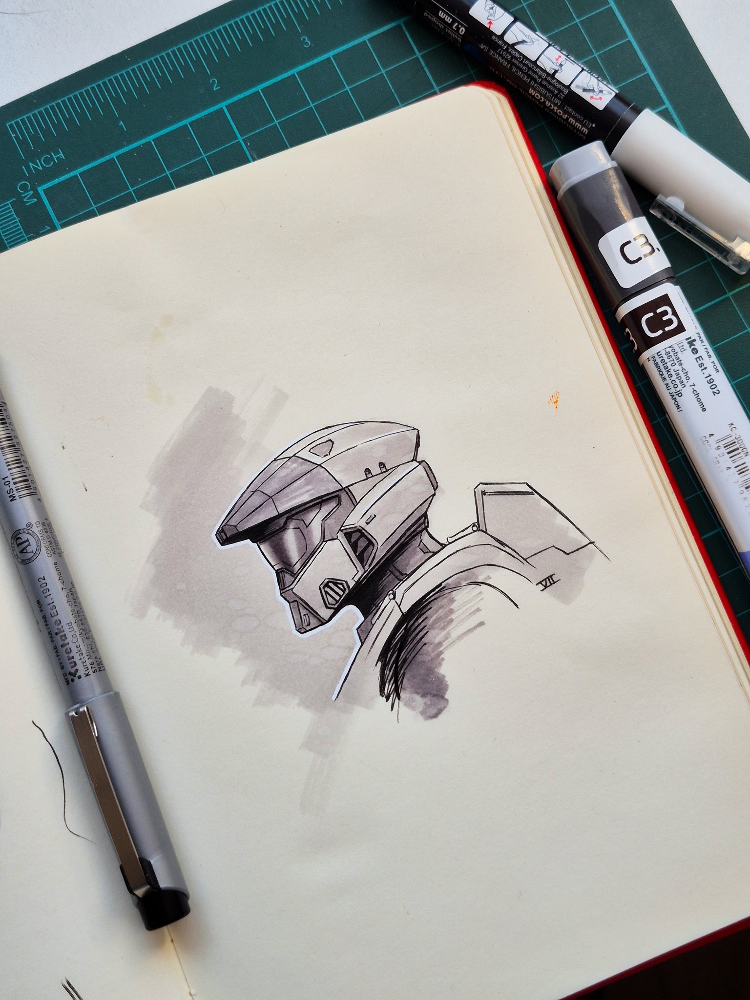 Ink and marker drawing of a Spartan in profile.