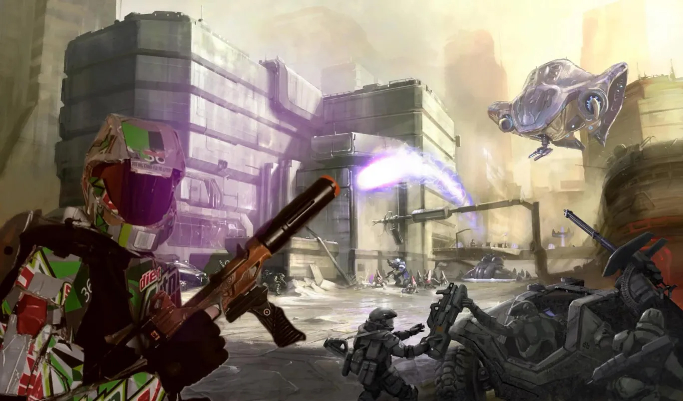 Spartan cosplay built with Diet Mountain Dew boxes by the O.Dew.S.T.