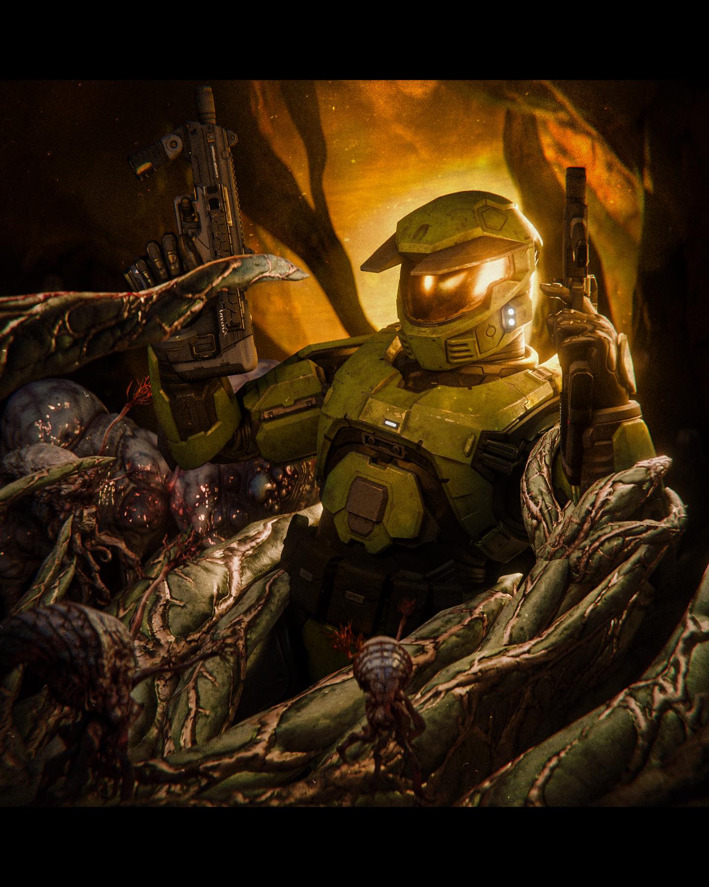 The Master Chief is ensnared by Flood tentacles.