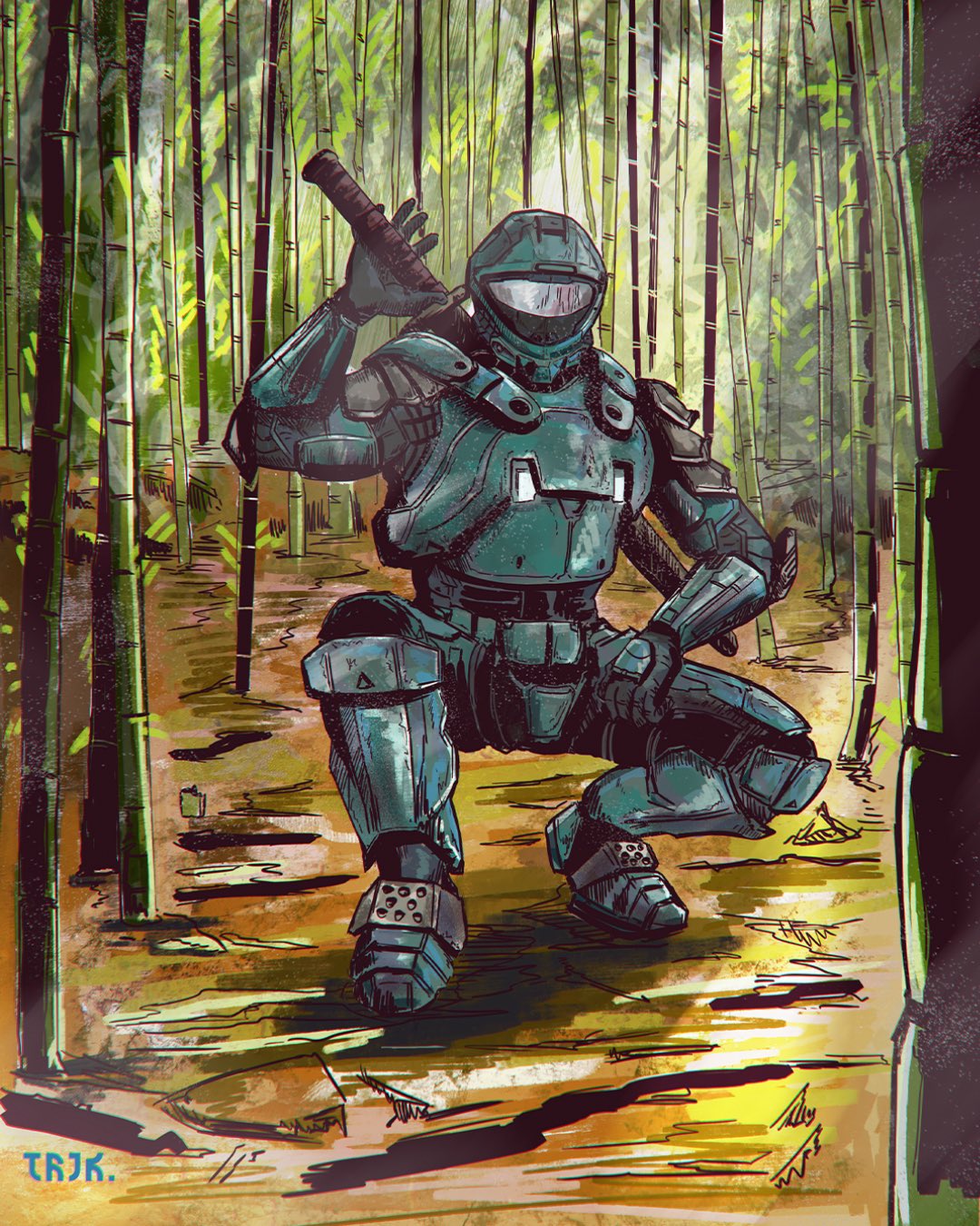 A Spartan crouches in a bamboo glade reaching for the katana on their back.