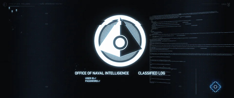 ONI-themed wallpaper by yeoninboi. The ONI logo appears on a fragmented screen thar reads "OFFICE OF NAVAL INTELLIGENCE CLASSIFIED LOG."