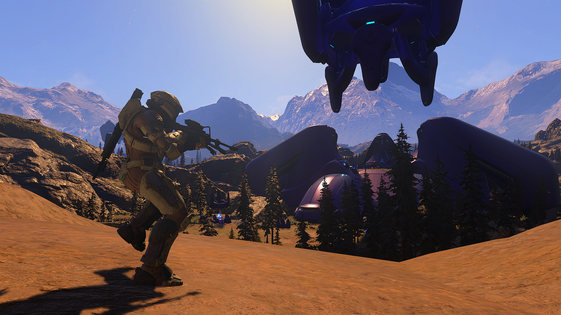 A Spartan wielding an S 7 Sniper charging a Covenant base.