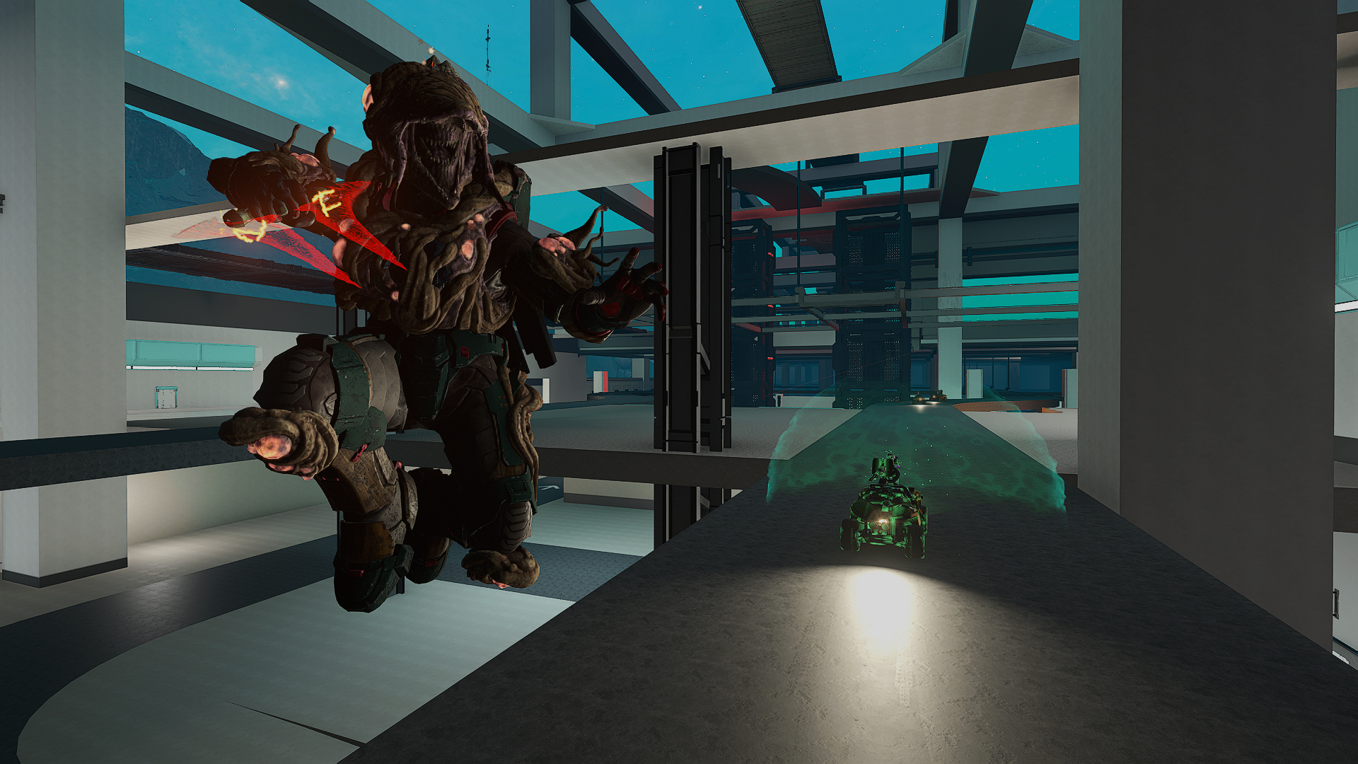 Flood Spartan holding an Infected Energy Sword jumping while being chased by a Warthog