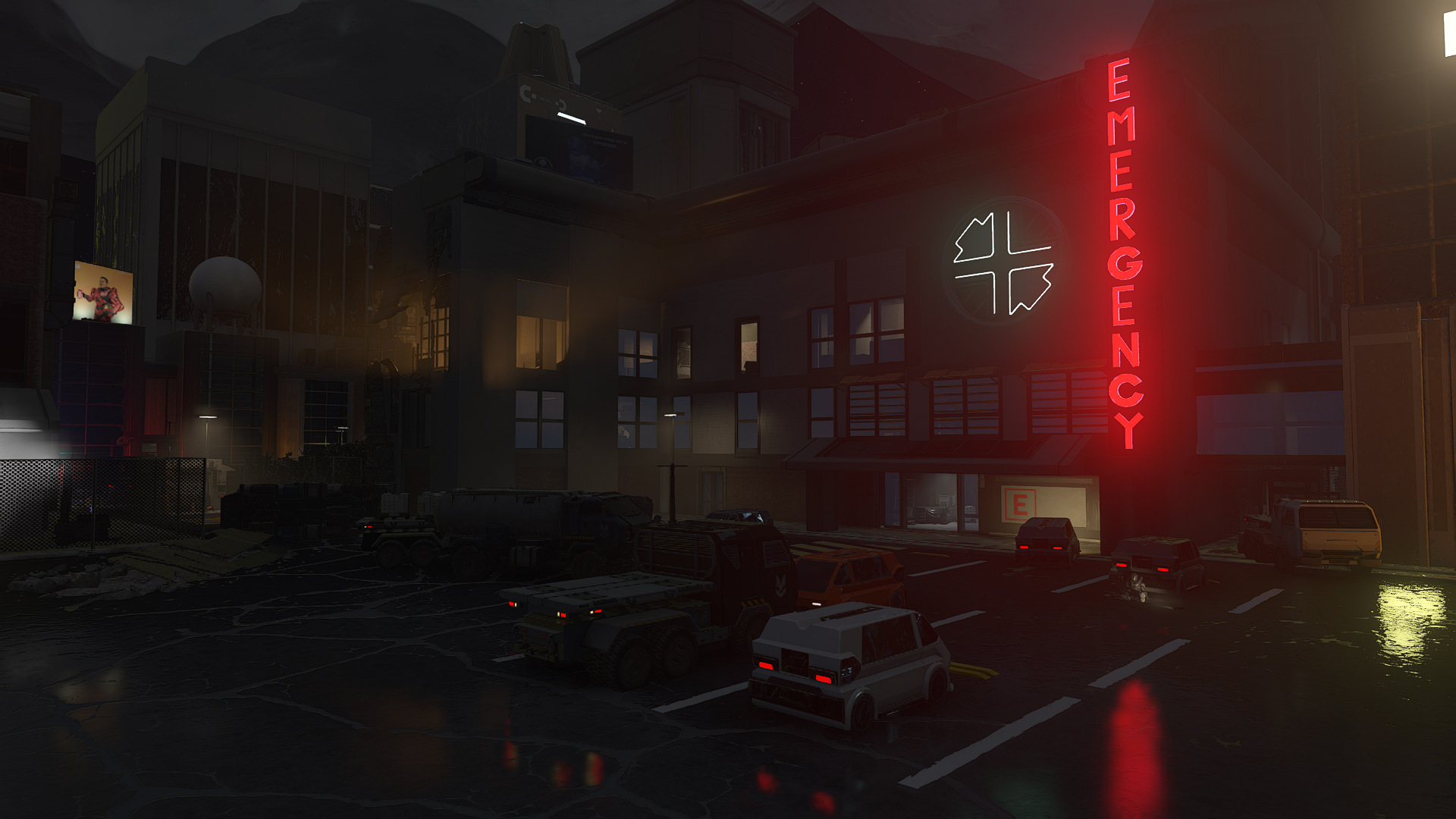 The parking lot of a hospital outside the Emergency Room.