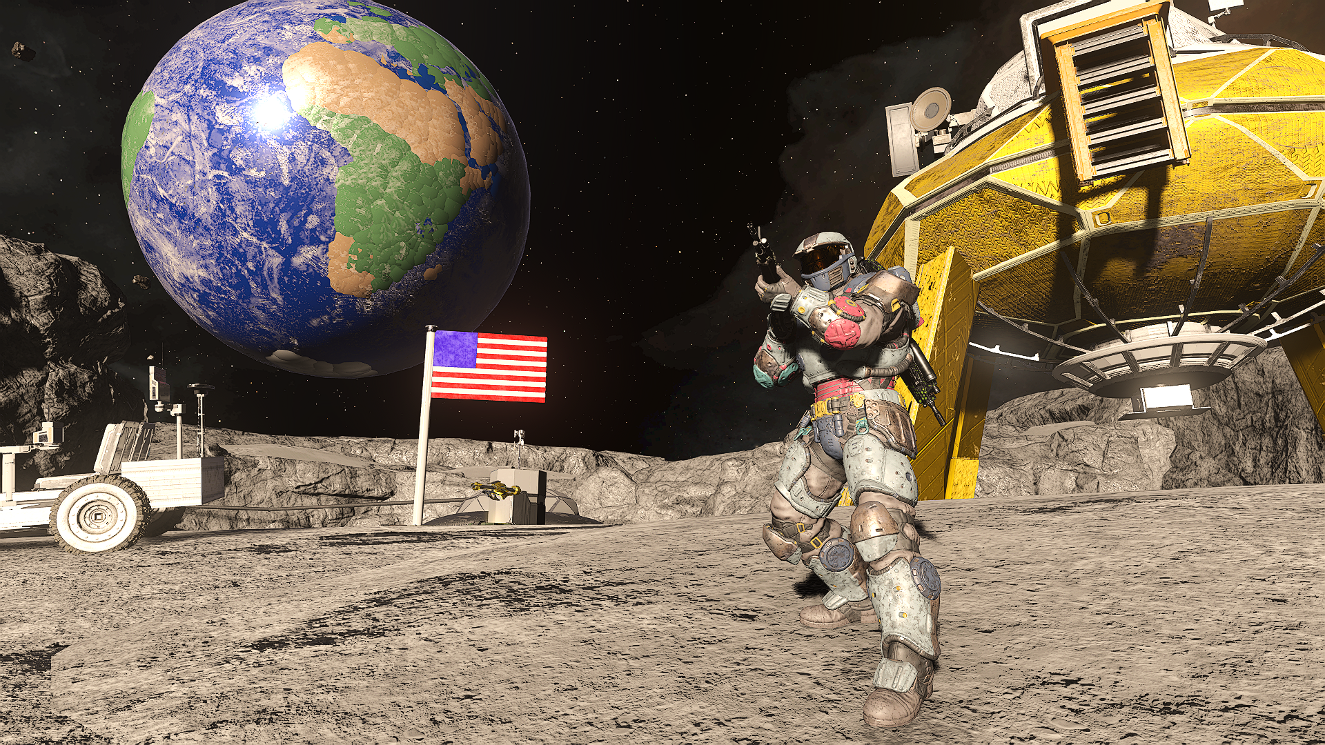 A Spartan standing on the Moon's surface with the Earth in the space behind.