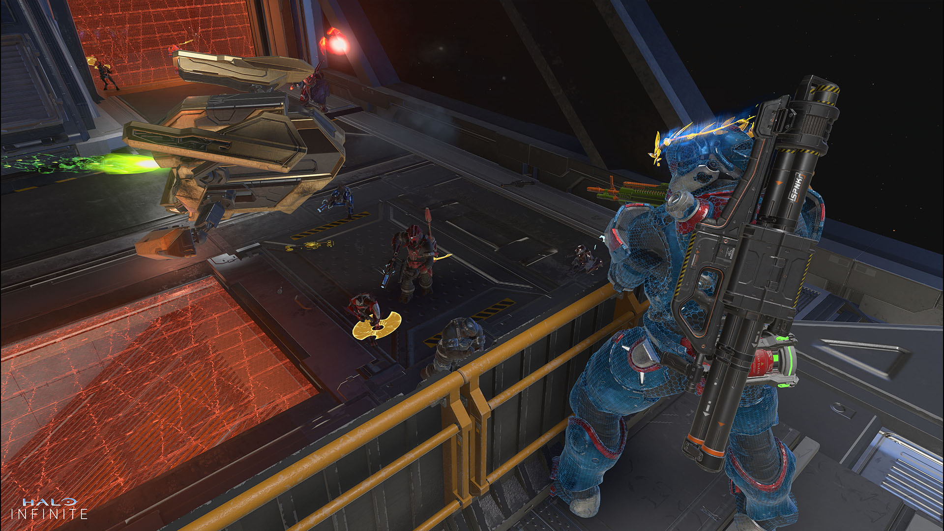 A Spartan with a Rocket Launcher on its back fighting a giant Sentinel and Banished forces in the Gauntlet.
