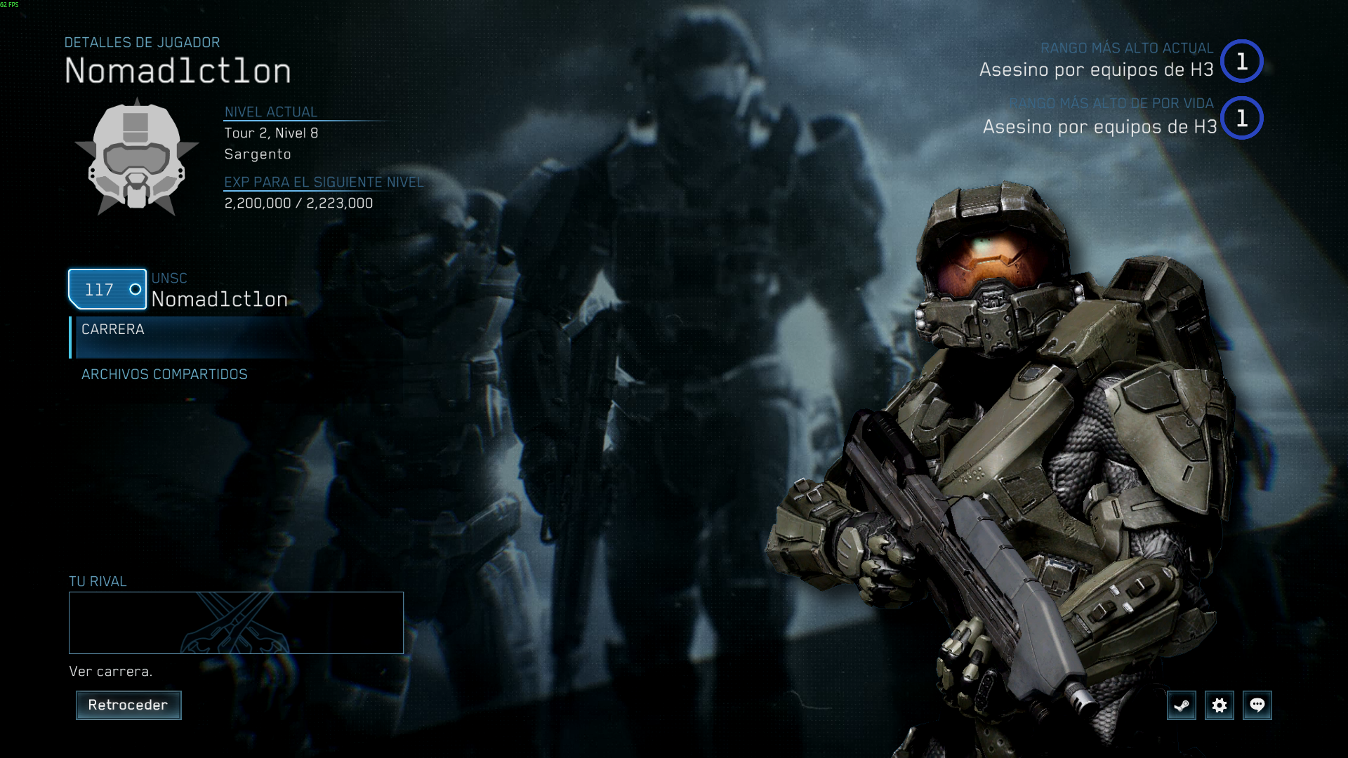 A page from your Halo M C C record showing Nomad1ct1on's Tour 2 Level 8.