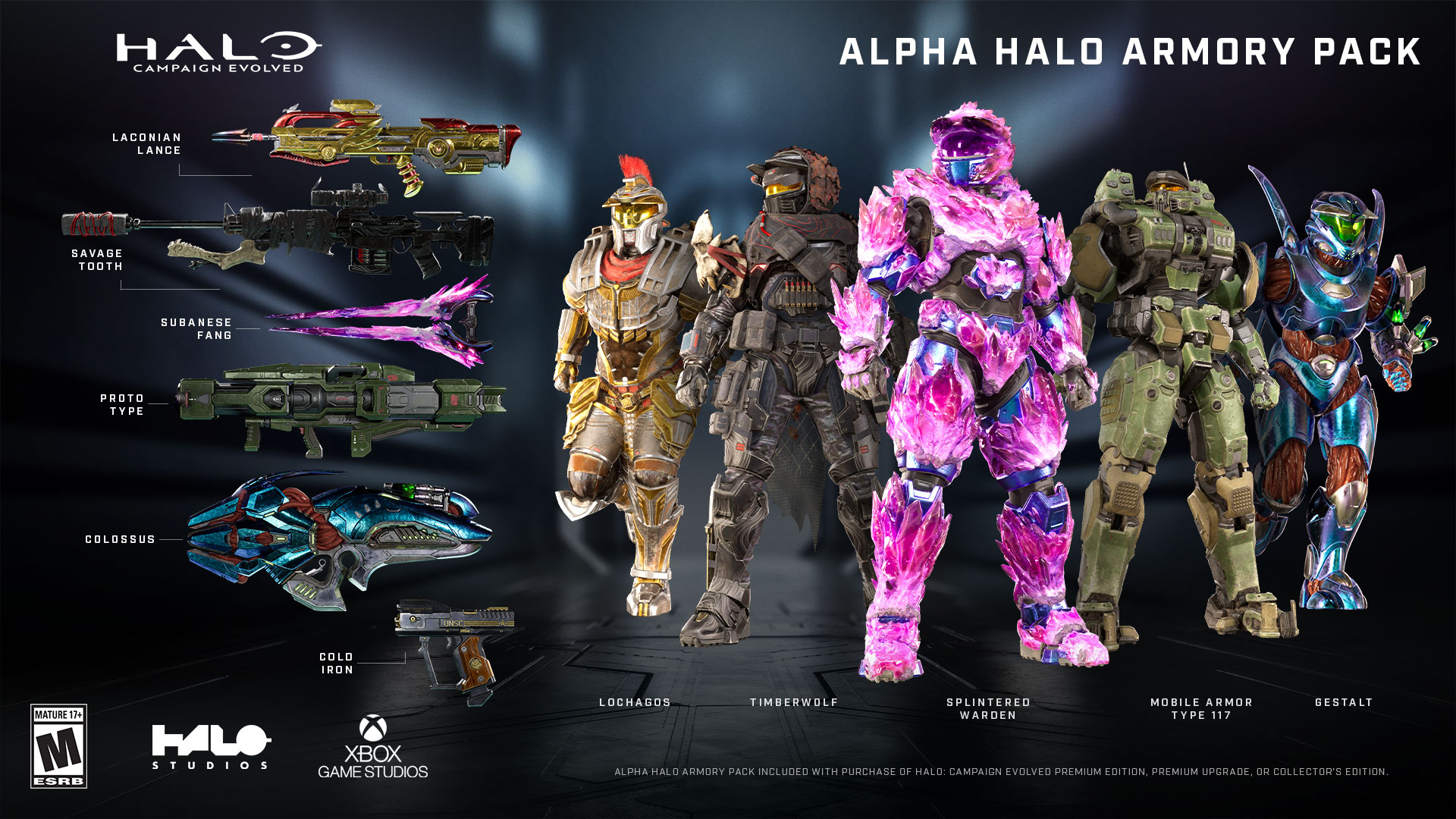 Image of items included in the Halo: Campaign Evolved Alpha Halo Armory Pack.