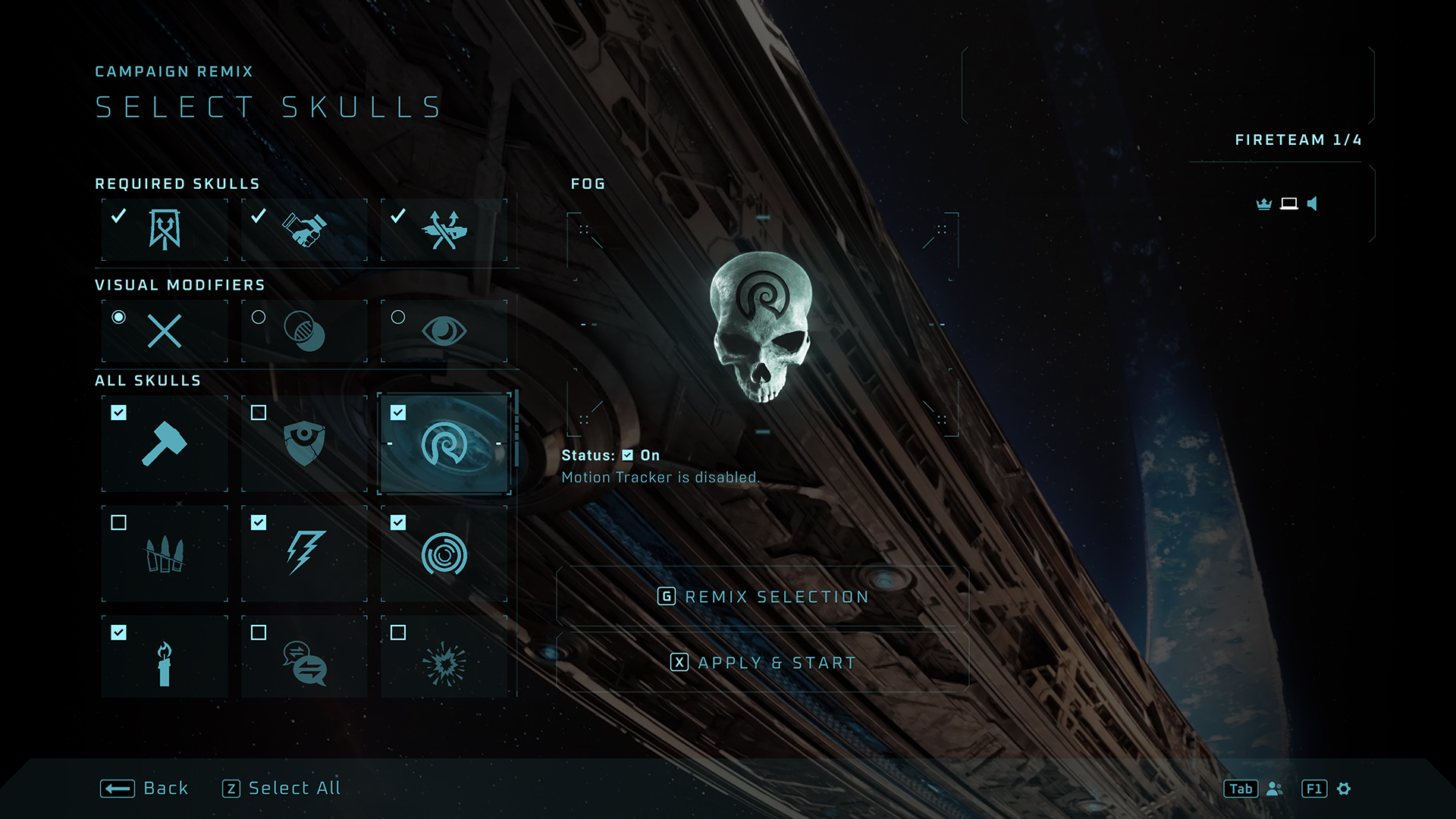 A screenshot from Halo: Campaign Evolved Campaign Remix menu showing the Skull Selection page.